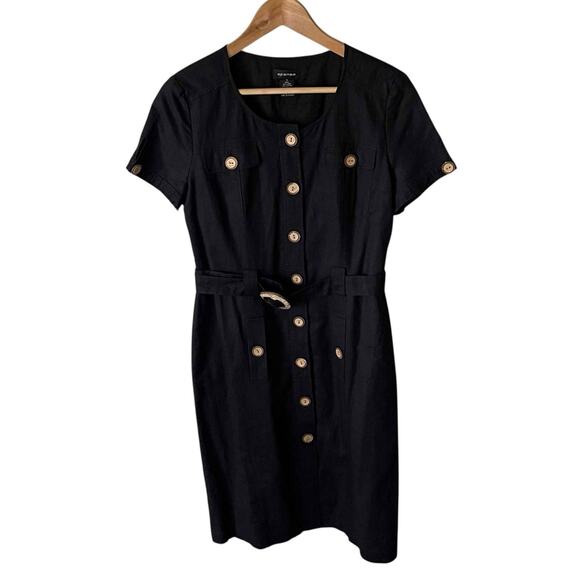 Women's Spense Button Front Belted Dress Quiet Luxury Black Linen Blend Size 6 - Picture 1 of 6